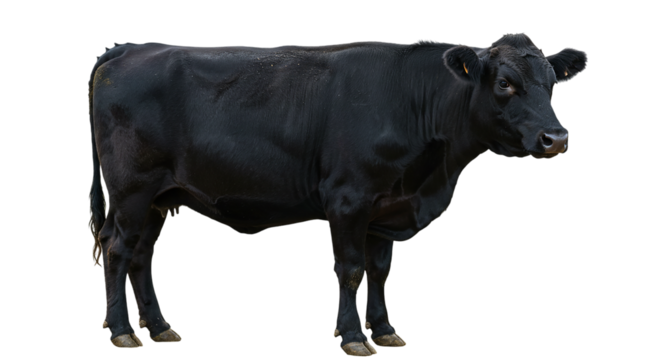 A single black angus cow standing in a field with a plain black background on an overcast day