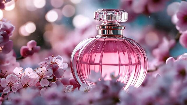 A bottle of perfume is sitting on a bed of pink flowers. The bottle is clear and has a pink cap. The flowers are arranged in a way that they surround the bottle, creating a sense of intimacy