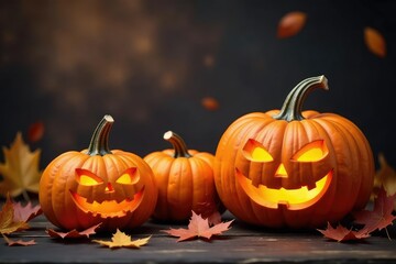 Spooky carved Halloween pumpkins on rustic wooden background, autumn leaves Perfect for fall and Halloween themed projects , fall image, holiday