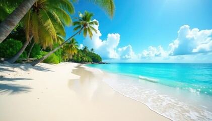 Obraz premium Sun-drenched beach scene with vibrant turquoise water and white sand , blue, horizon