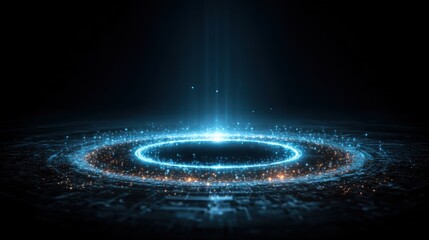 Glowing blue circular portal with light beam in dark space fantasy concept.