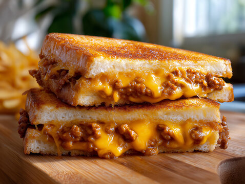 Close-up of a golden, buttery grilled cheese sandwich stuffed with juicy sloppy joe meat and gooey melted cheddar, cut in half and stacked. The beef filling is rich and saucy, oozing from between thic