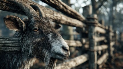 Fototapeta premium Detailed CloseUp of a Goat with Curved Horns Near a Wooden Fence