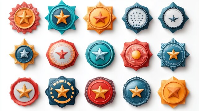 Colorful star-shaped badge icons in playful style on white background.