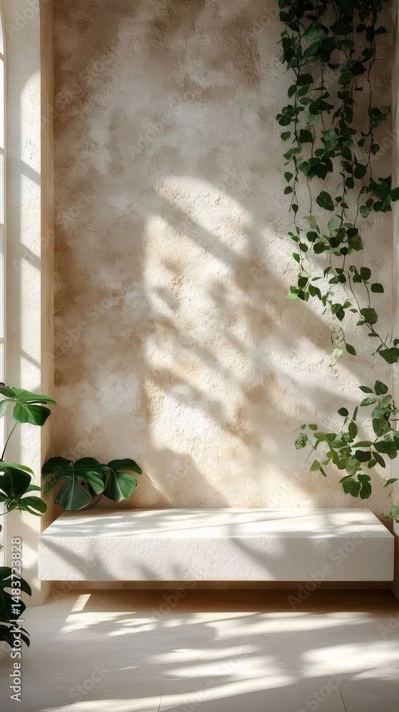 Poster 緑の植物と日光が差し込むベージュの壁の背景 美しいテクスチャのある石の展示台 植物と光の影が自然な雰囲気を作り出す屋内空間