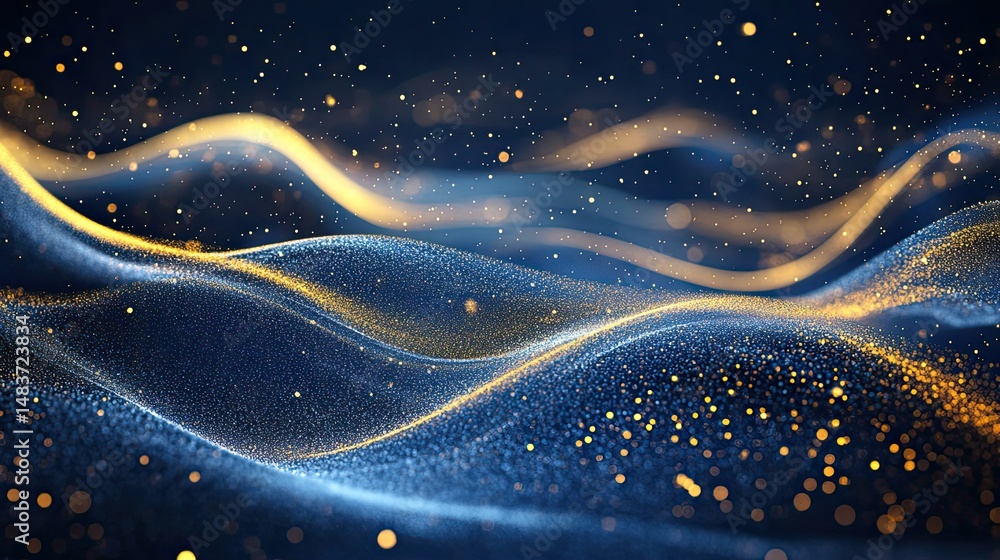 Aufkleber abstract blue and gold flowing waves with sparkling particles and bokeh lights background design