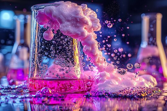 Ultra detailed view of exothermic chemical reaction foaming catalyst overflowing beaker vivid neon glow highlighting reaction hyper realistic motion blur cinematic slow motion effect 8K ultra HD