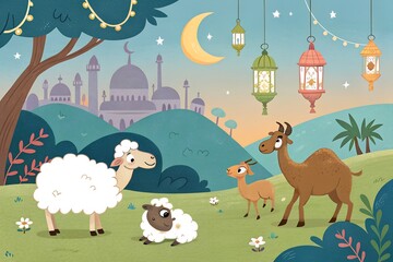 Eid ul Adha animated celebration scene with cheerful goats in festive clothes with lights and joyful Islamic atmosphere
