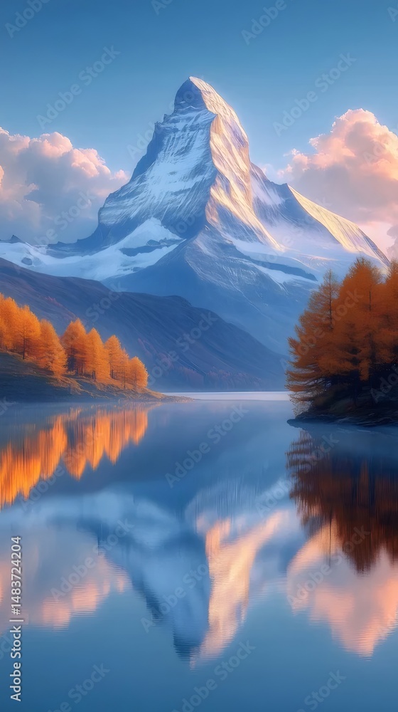 Aufkleber 湖に映る雪を頂いた山と紅葉の木の景色と澄んだ青空と白い雲が広がる穏やかな日の光景