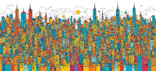 Obraz premium Detailed illustration of a colorful, bustling city skyline with various buildings, spires, and urban details. Lively, vibrant street view