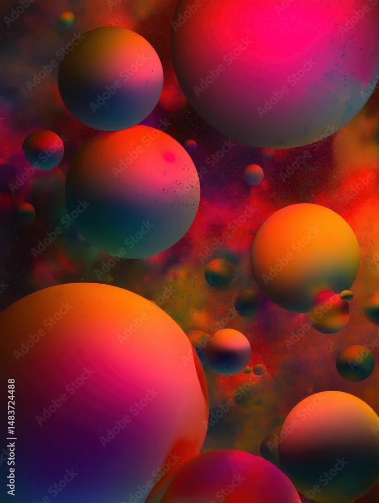 Poster vibrant abstract colors in cosmic spheres with gradient hues reflecting light and depth in a surreal