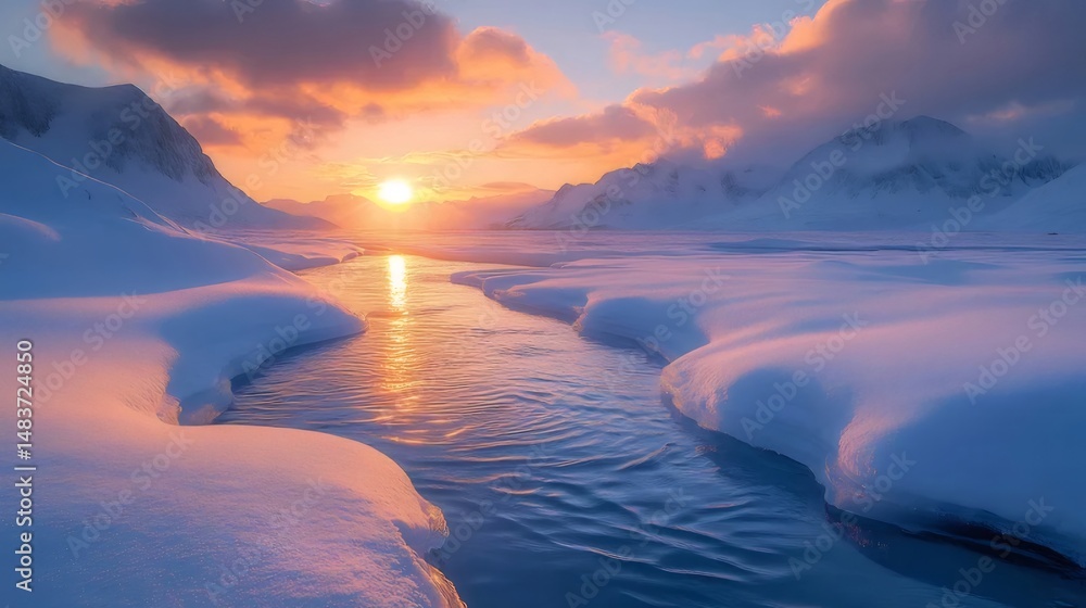 Aufkleber 雪に覆われた山々と夕焼け空が映る川の冬景色 美しい自然の色彩と静寂が織りなす風景