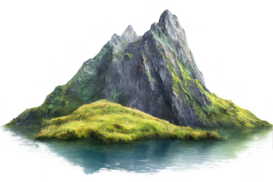 Isolated on a white background, a mountain with a grassy island in the lake, png, transparent