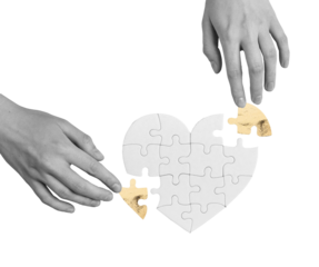 Puzzle pieces forming a heart. Teamwork, strategy, and creative design to solve the challenge and