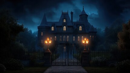 Mysterious Mansion at Night: A Gothic Eerie Scene