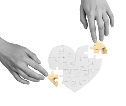 Puzzle pieces forming a heart. Teamwork, strategy, and creative design to solve the challenge and