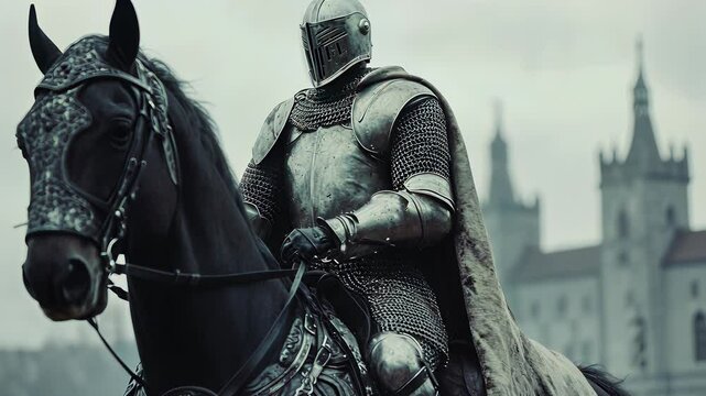 Knight in armor rides black horse through medieval landscape with castle backdrop
