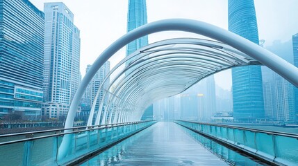 Obraz premium Urban cityscape with pedestrian bridge and modern architecture