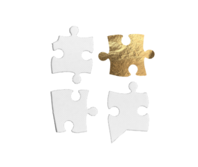 four jigsaw puzzle pieces, three in monochrome halftone white and one in textured metallic gold,