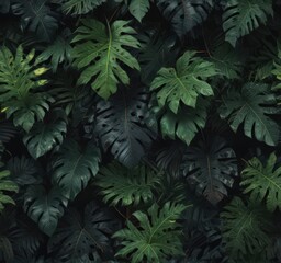 Overlapping exotic leaves, dark, textured, tropical jungle pattern ,  mysterious design,  dark tropical leaves