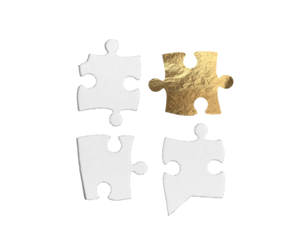 four jigsaw puzzle pieces, three in monochrome halftone white and one in textured metallic gold,