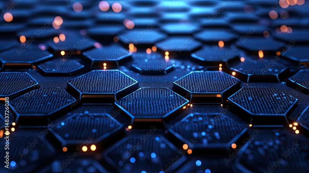 Poster a close up shot of a honeycomb pattern with blue and orange lights in a dark setting background