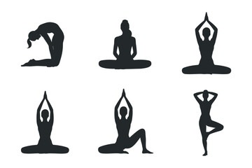 Six Different Yoga Poses Silhouettes Collection for Fitness and Wellness