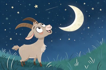 Festive Cartoon Cow in Traditional Attire with Mosque, Palm Trees, Crescent Moon, and Hanging Lanterns