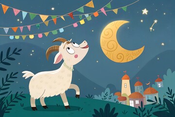 Festive Cartoon Cow in Elegant Traditional Attire with Lanterns and Colorful Bunting