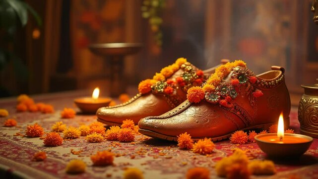 Decorated altar with guru&rsquo;s sandals, marigold flowers, and diya lamps, symbolizing Guru Purnima celebration.

