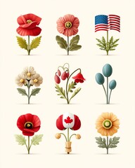 Stylized Flower and Flag Collection Red Poppies, American and Canadian Flags,Memorial Day