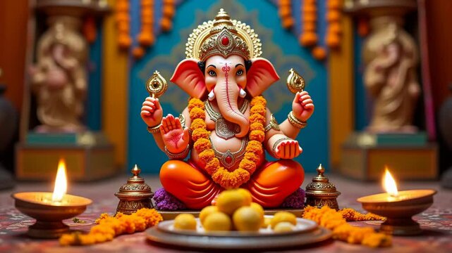 Lord Ganesha statue decorated with flowers and sweets, bright festive altar for Ganesh Chaturthi celebration.

