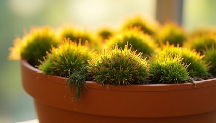 Sunlit Moss Terrarium in Terracotta Pot Close-Up Photography