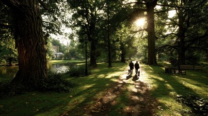 Fototapeta premium Park pathway with people and dog