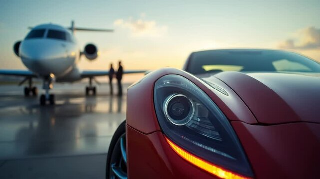 Super cars and private jets on the landing pad. Business services Airport pick up
