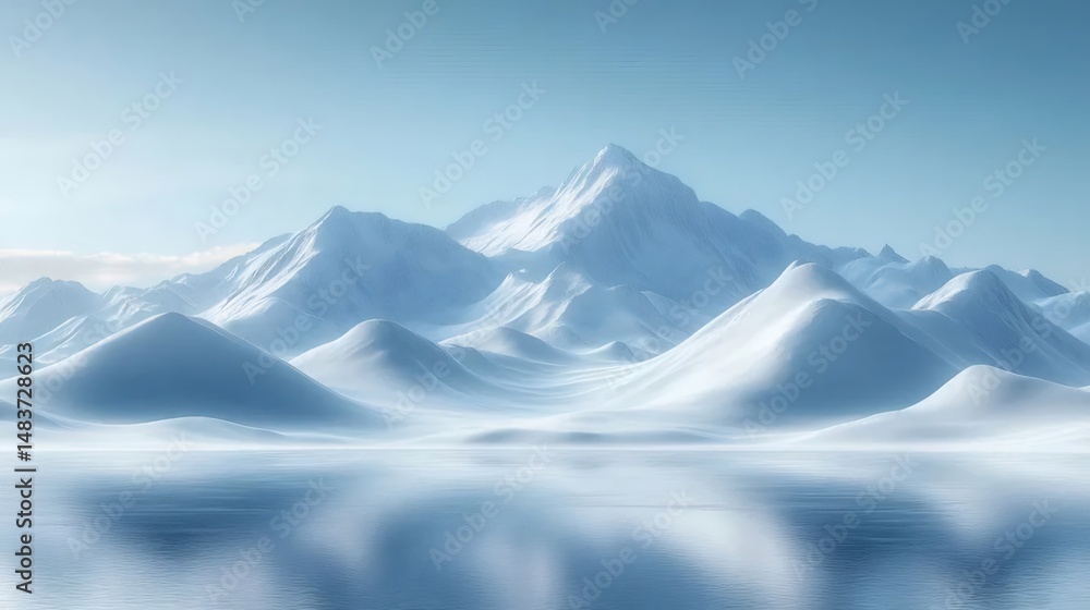 Poster 氷の反射と穏やかな光の中の雪山 冬の風景 青と白の色調の静けさ