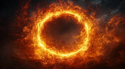 Fiery glowing ring of flames swirling on a dark smoky background at night.
