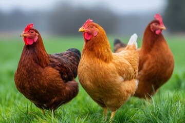 Fototapeta premium Three hens standing in green grass on a farm