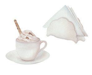 Watercolor set of ceramic napkin holder, hot coffee cup with cream and waffle tube. Illustration of an elegant table setting on a white background. Perfect for kitchen and dining room decor.