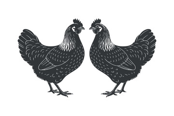 Two hens facing each other in a symmetrical black and white illustration