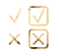 Golden checkmark and cross symbol on a white background, representing confirmation and success.