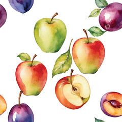 Seamless Watercolor Apples and Plums Pattern.
