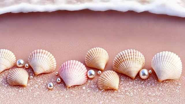 Seashells and pearls on beach, where sand meets ocean waves in serene atmosphere.
