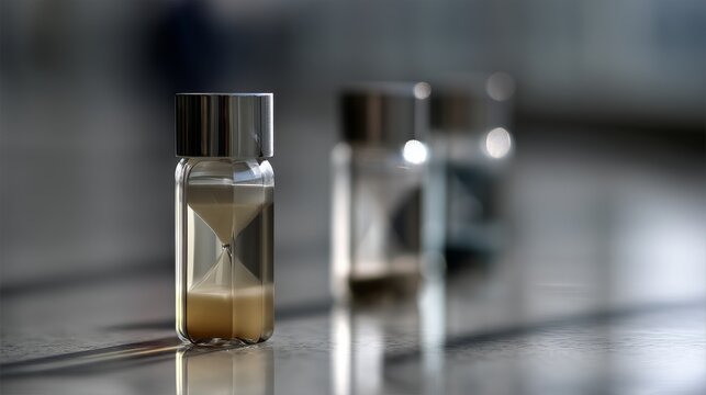 Three small hourglasses on a reflective surface, emphasizing precision and time measurement with a contemporary feel.