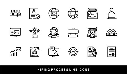 Hiring Process Line Icons. Recruitment, Job Application, Interview, Candidate Selection Vector Set