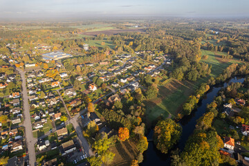 Aerial view of a small cozy European town with charming houses and scenic panorama