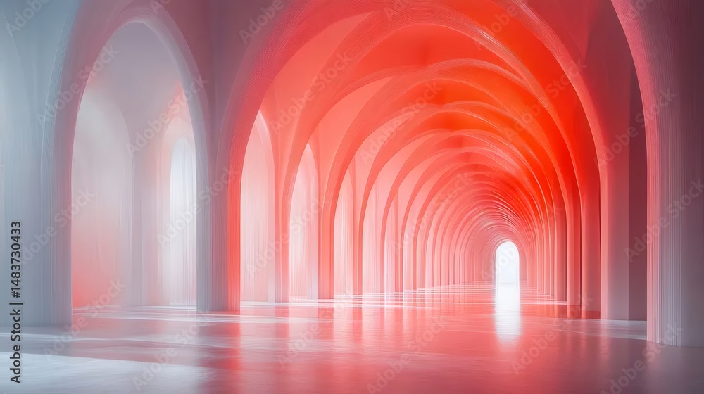 Poster 赤いアクセントが際立つ抽象的な建築構造物のアーチ型通路 未来的なデザインの白い壁と幾何学的なパターン 現代的な屋内空間