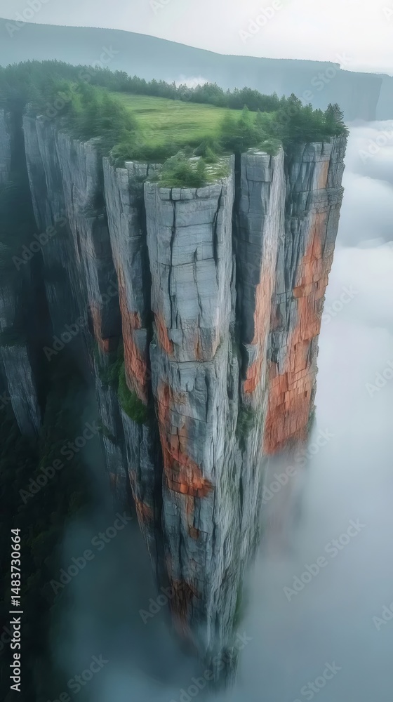 Aufkleber 雲の海に浮かぶ中国の垂直な岩の崖の息をのむような風景 上に緑の植生があり アウトドアアドベンチャー旅行写真の背景に最適です