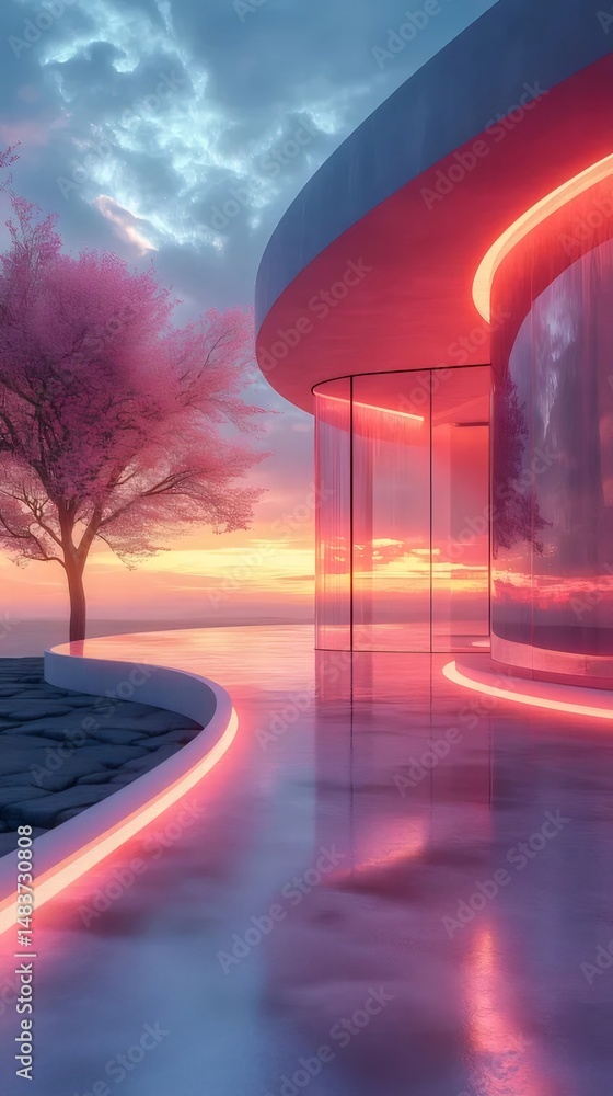 Poster ピンクのネオンライトが輝く現代建築と満開の桜の木 夕暮れの空を背景に未来的な雰囲気