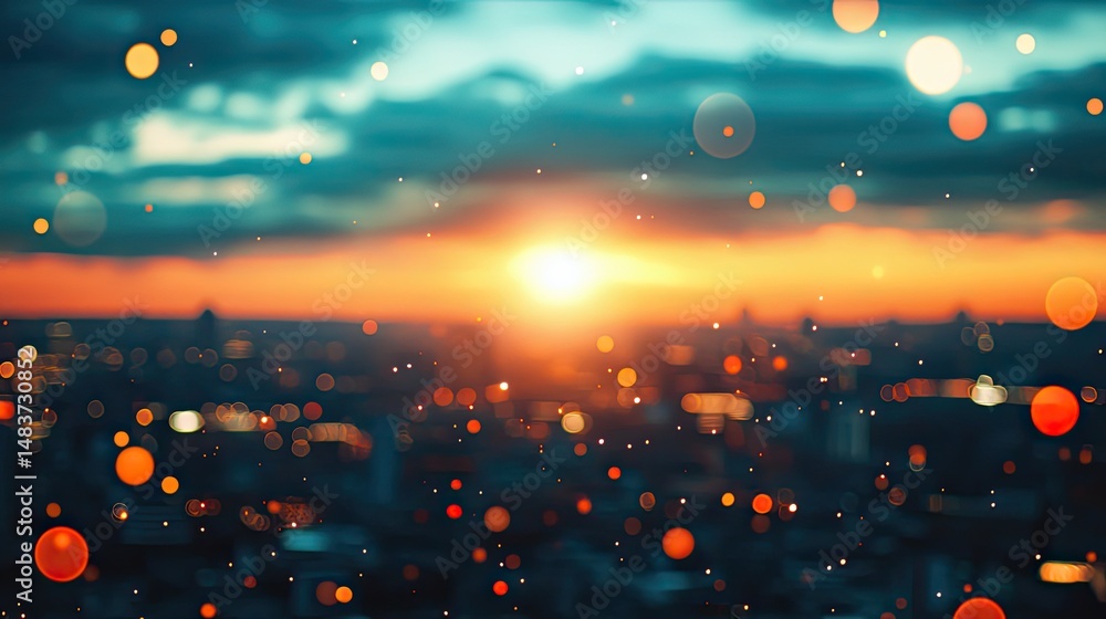Aufkleber blurred cityscape at sunset with bokeh lights and a colorful sky creating a dreamy atmosphere view